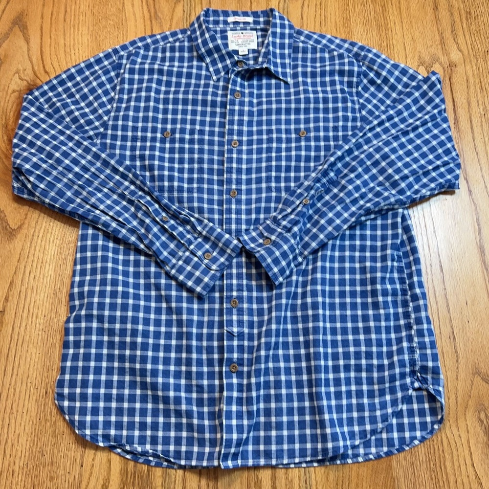 Lucky Brand Shirt Mens Large Blue Plaid Linen Blend True Indigo Button Up